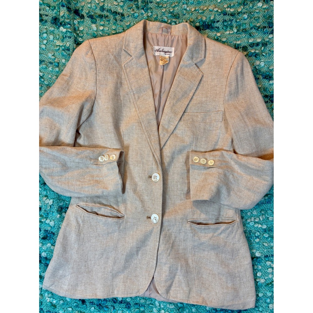 Aubergine Linen Blend Blazer‎ Vintage Size 14 Cream Beige Professional Career